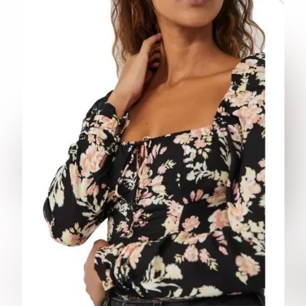 Free People Hilary Printed Smocked Crop Top Black Combo Sz Large $98 Retail NWT